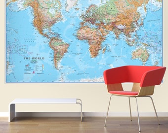 World Wall Map (Physical) - Laminated  Without Flags- gift, home, bedroom, physical map, map of the world, push pin map, Free Shipping