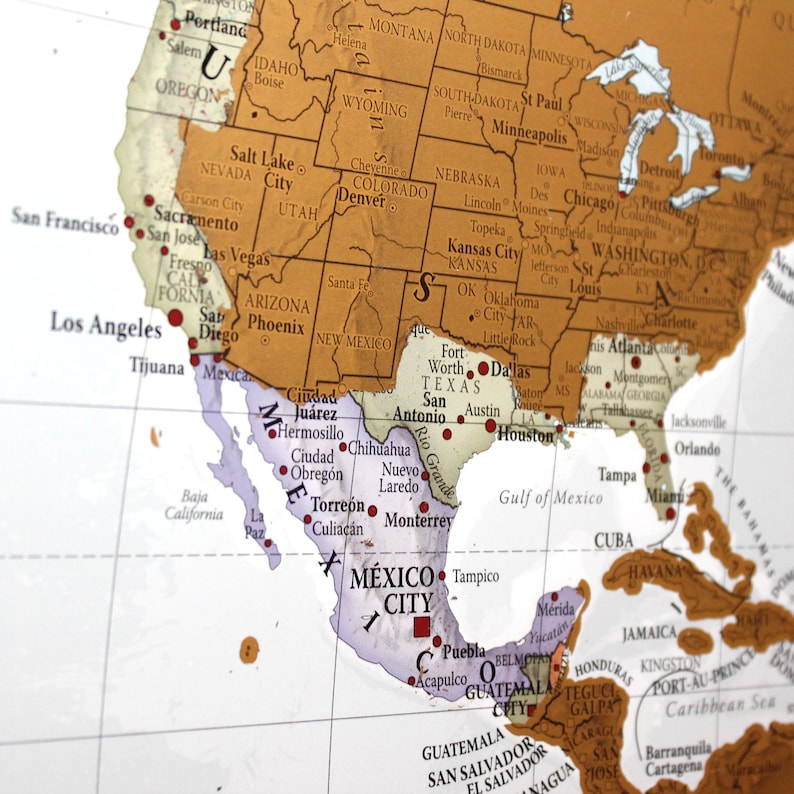 May include: A detailed map of North America, focusing on the United States and Mexico. The map is printed on a light brown background with state borders outlined in black. Major cities are labelled in black text. The map includes the names of major bodies of water, including the Gulf of Mexico, the Caribbean Sea, and the Atlantic Ocean.
