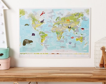 Scratch Off Kids Animals of the World Map Poster Gift - Ideal Gift for Children - 17 x 22