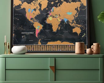 Scratch the World ® - Map Print Black Ocean With Flags Panel, gift for him, gift for her, travel, wall hanging, travel map