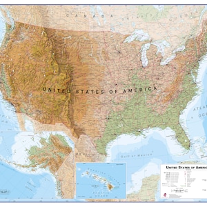 May include: A detailed map of the United States of America, showing state borders, major cities, and geographical features. The map includes Alaska and Hawaii, with a legend and scale bar.