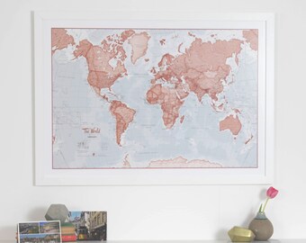 Red Map Of The World Art Print - Gift, large world map, home, living room, bedroom, home decor, travel map, world map poster, map art