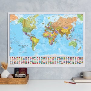 Political World Map with Flags Poster - home, wall hanging, push pin map, living room, bedroom, home decor, map poster, study, FREE Shipping image 2
