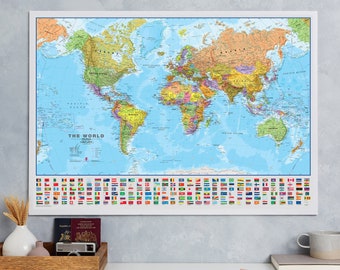 Political World Map with Flags Poster - laminated, wall hanging, push pin map, living room, home decor, map poster, study, FREE Shipping