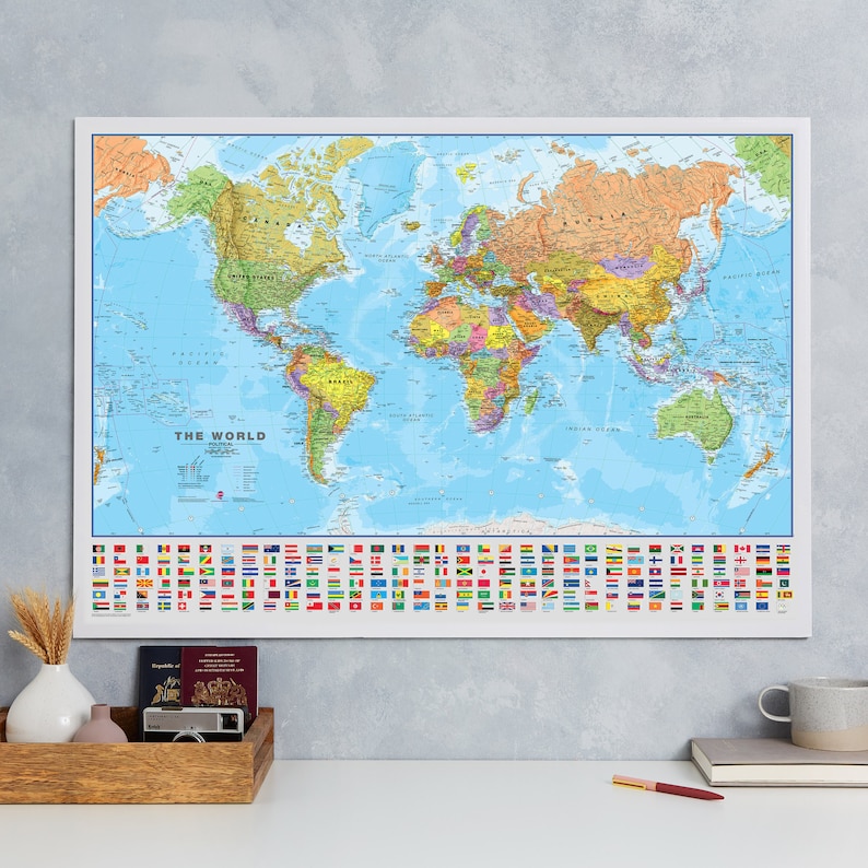 Political World Map with Flags Poster - home, wall hanging, push pin map, living room, bedroom, home decor, map poster, study, FREE Shipping image 2