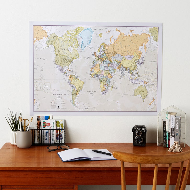 Classic World Map Large Poster Wooden Wall Hanging, Most Detailed Up To Date Vintage Style Map of the World, home decor, wall art image 3