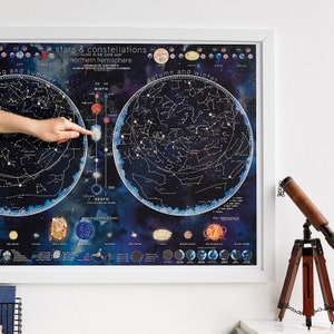 Mapa de estrellas y constelaciones que brillan en la oscuridad - Póster de cielo nocturno para observadores de estrellas - 23 x 33 pulgadas - regalo, niños, dormitorio, colgante de pared,