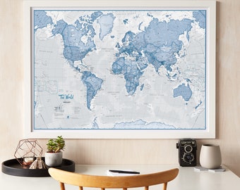 The World is Art Wall Map - Blue - home decor, gift, Framed, wall hanging, gift for him, gift for her, living room, bedroom, push pin map