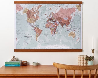 Travel Map of World Wall Décor Executive Style, Large Canvas Wall Art, Push Pin Map, Modern Office & Home Wall Print, World Map Wall Art