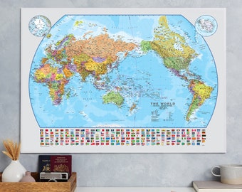 World Pacific Centered Wall Map - Fully Laminated - political map, wall hanging, living room, bedroom, home, gift, study, Free Shipping