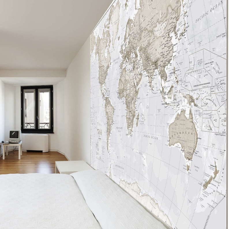 Giant World Map Mural Neutral mural Wall Decal Map Etsy