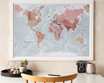 Executive Map of the World - wall hanging, map, home decor, push pin map, wall map, living room, antique, office, study, gift, canvas map