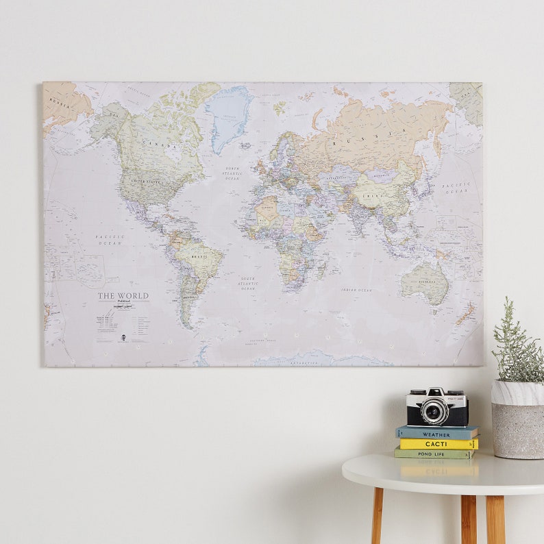 Classic World Map Large Poster Wooden Wall Hanging, Most Detailed Up To Date Vintage Style Map of the World, home decor, wall art Canvas Framed Medium