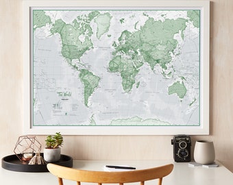 The World is Art Wall Map - Green - home decor, gift, Framed, wall hanging, gift for him, gift for her, living room, bedroom, push pin map