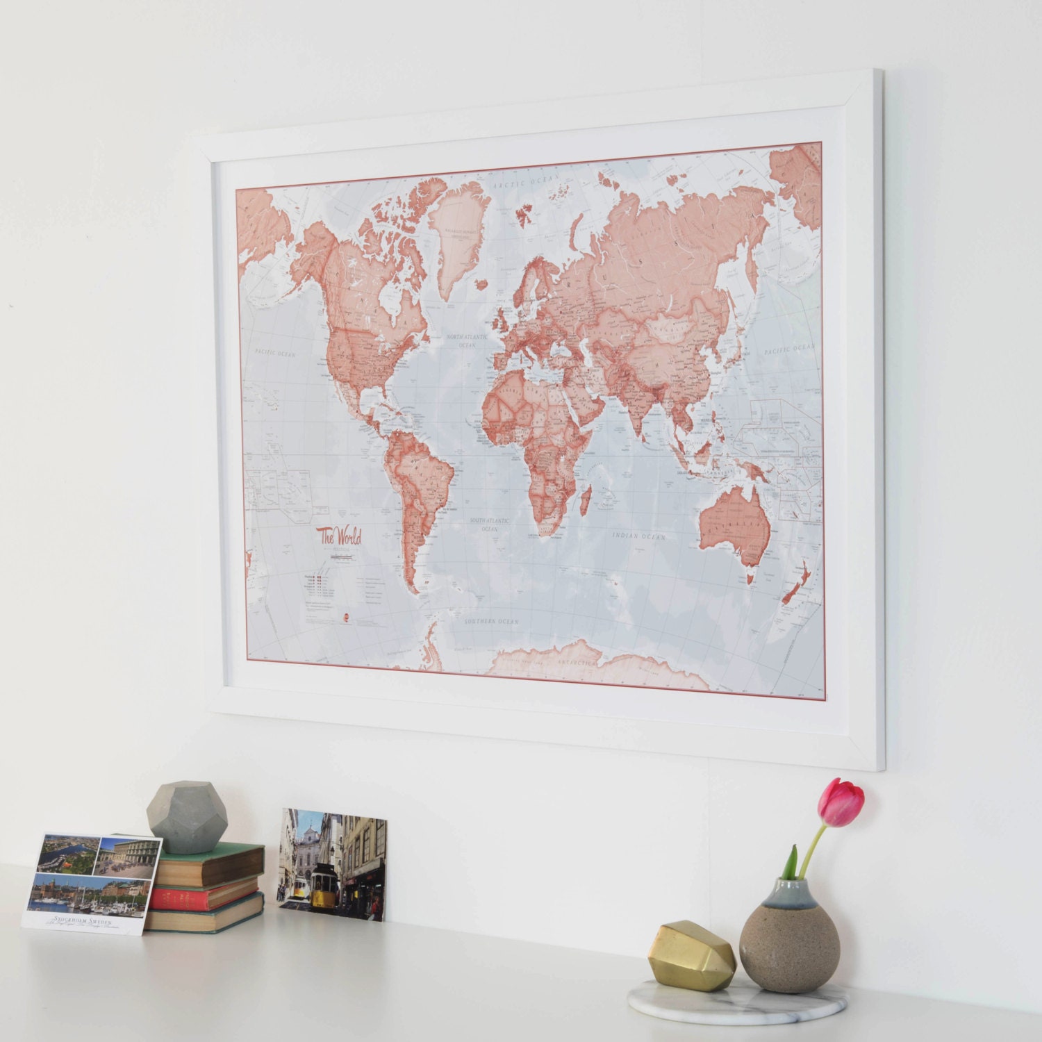 Mapa rojo del mundo arte impresión regalo, gran mapa del mundo