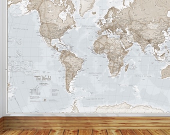 Giant World Map Mural - Neutral (Mural) - wall decal, map wallpaper, home decor, living room, bedroom, wall art, world map wallpaper