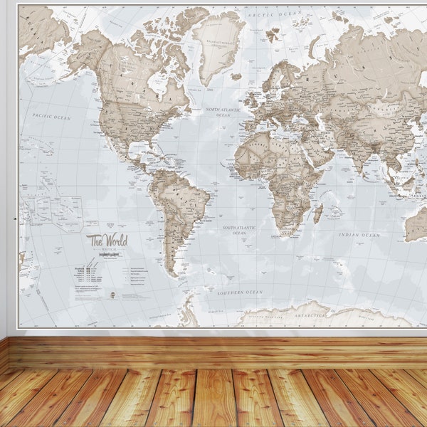 Giant World Map Mural - Neutral (Mural) - wall decal, map wallpaper, home decor, living room, bedroom, wall art, world map wallpaper