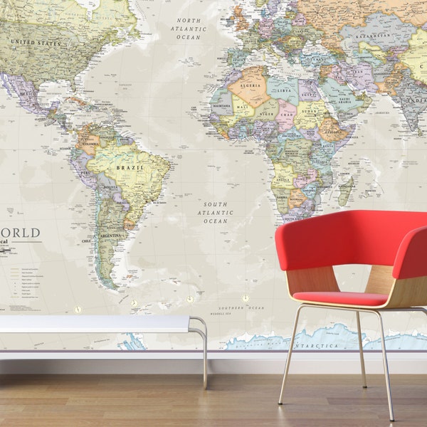 Giant World Map Mural - Classic - Home Decor, Living Room, Bedroom, World Map Wall Decal, Wall Art, vintage map, world map wallpaper