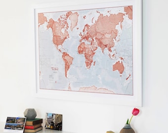 The World is Art - Wall Map - Red - Framed home decor, gift, wall hanging, gift for him, gift for her, living room, bedroom, push pin map