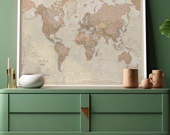Antique World Map - home, wall hanging, push pin map, living room, gift, bedroom, home decor, map poster, study