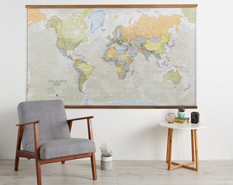 Huge Classic World Map Poster Wooden Hanging, 46 x 80, Vintage, elegant, home decor, home, bedroom, living room, map of the world