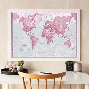 The World is Art Wall Map - Pink - Framed - home decor, gift, wall hanging, gift for him, gift for her, living room, bedroom, push pin map
