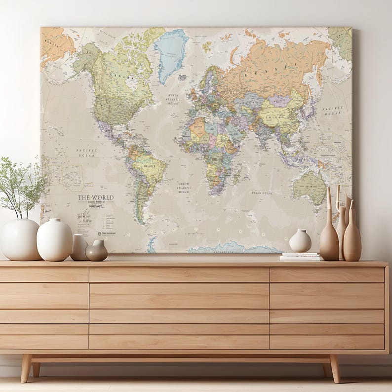 Classic World Map Canvas: Push Pin Travel Wall Art - Etsy