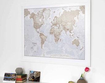 The World is Art Wall Map - Neutral -home decor, framed, gift, hanging, push pin