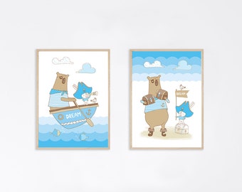 Pirate Nursery, Set of 2 prints, Animal Nursery Decor, Little Pirate Art, Bear Nursery, Instant Download Print, Blue Nursery, Little Bunny