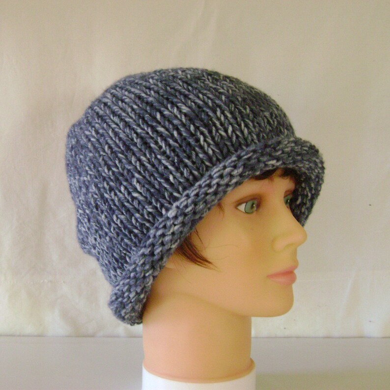 Knitted Roll Brim Hat,Chunky Blue Grey Beanie