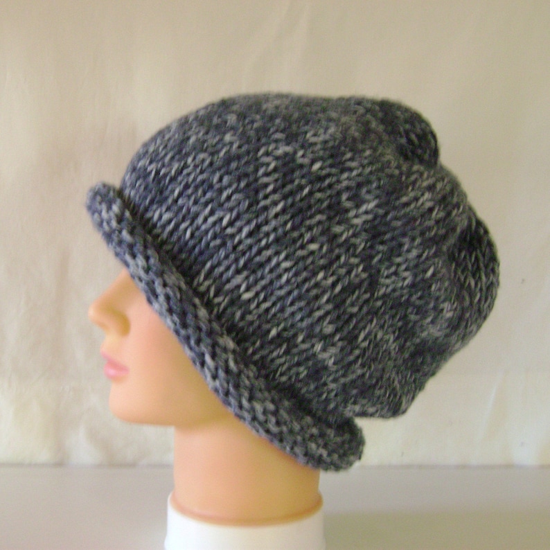 Knitted Roll Brim Hat,Chunky Blue Grey Beanie