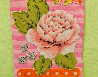 Handmade picture, vintage textile collage, vintage fabric flowers, flower picture, 8 x 6 inches, 20 x 15 cm, letterbox gift, textile art.