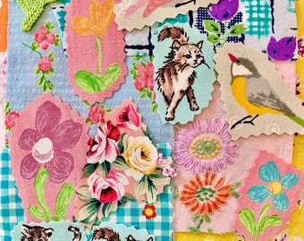 Sewing, stitching, slow sewing, journaling, hand sewing, collage, textile art, vintage embroidery, scrapbooking, fabric pieces, paper, cats.