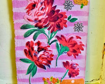 Handmade picture, vintage textile collage, vintage fabric flowers, flower picture, 8 x 6 inches, 20 x 15 cm, letterbox gift, textile art.
