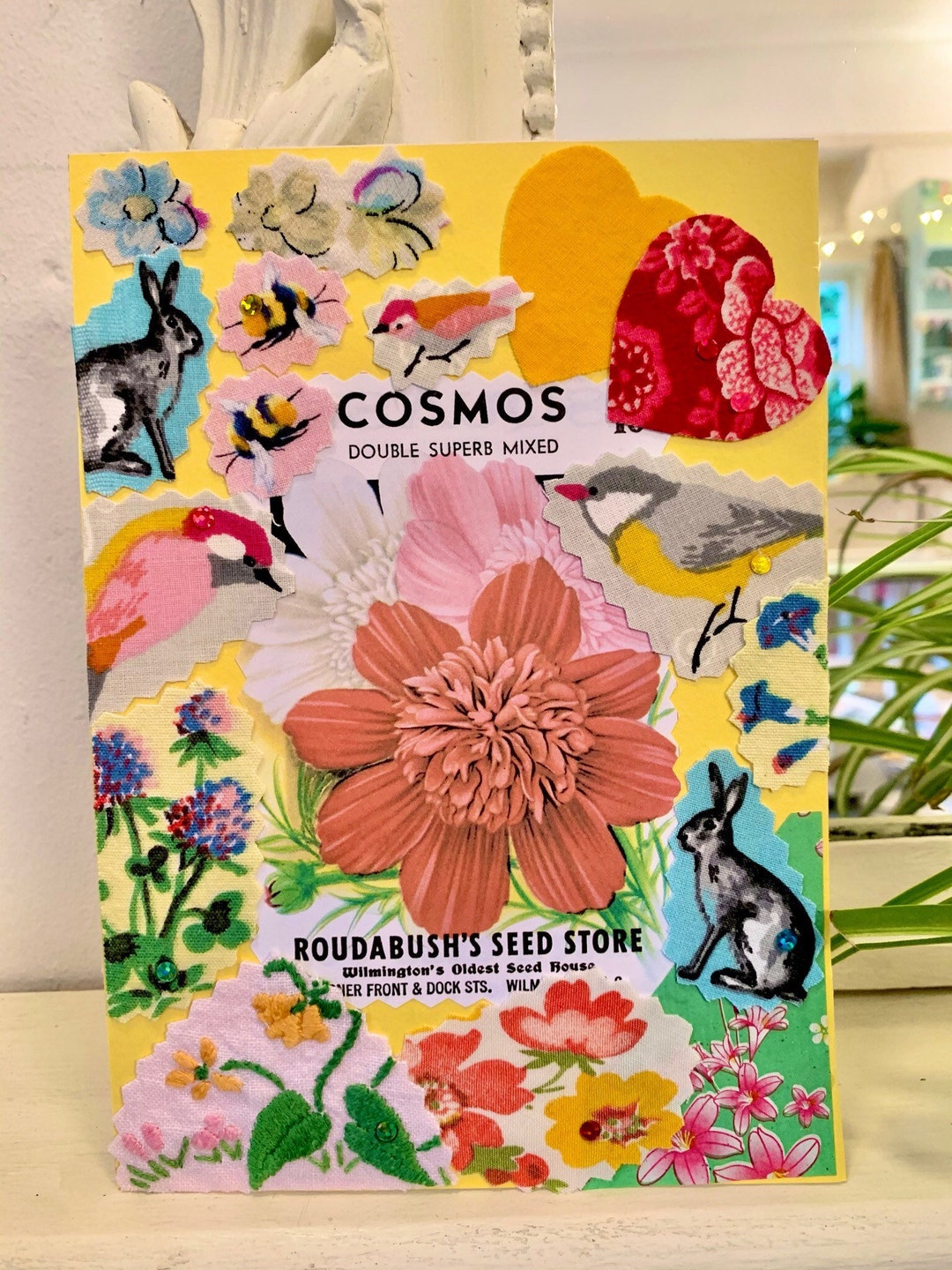 Handmade Picture, Cosmos, Rabbits, Textile Art,collage, Handmade Card