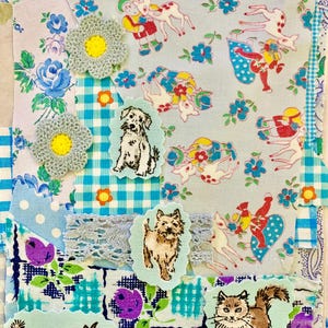 May include: A patchwork textile featuring various fabric patterns, including floral, gingham, and animal prints. Appliquéd onto the fabric are crocheted flowers and ribbon cutouts of dogs and cats. The color palette includes blues, purples, and greens.