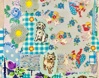Vintage fabric scraps, sewing, stitching, slow sewing, sewing projects, journaling, hand sewing, preloved fabric, collage, textile art.