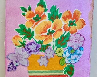 Vintage textile collage, vintage fabric flowers, handmade picture, flower picture, 8 x 6 inches, 20 x 15 cm, letterbox gift, textile art.