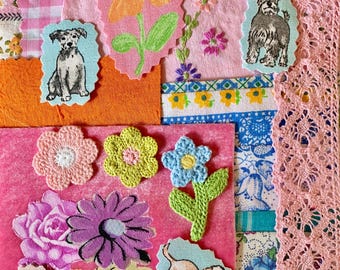 Sewing, stitching, slow sewing, journaling, hand sewing, collage, textile art, vintage embroidery, scrapbooking, fabric pieces, paper, dogs.