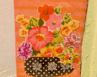Handmade picture, vintage textile collage, vintage fabric flowers, flower picture, 8 x 6 inches, 20 x 15 cm, letterbox gift, textile art.