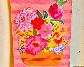 Vintage textile collage, vintage fabric flowers, handmade picture, flower picture, 8 x 6 inches, 20 x 15 cm, letterbox gift, textile art.