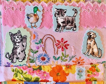 Sewing, stitching, slow sewing, journaling, hand sewing, collage, textile art, vintage embroidery, scrapbooking, vintage fabric pieces.