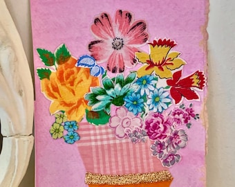 Vintage textile collage, vintage fabric flowers, handmade picture, flower picture, 8 x 6 inches, 20 x 15 cm, letterbox gift, textile art.