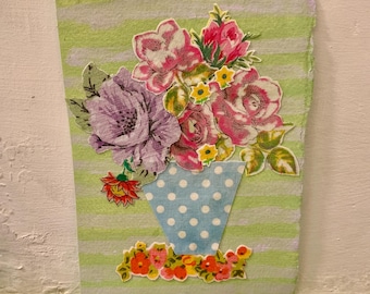 Vintage textile collage, vintage fabric flowers, handmade picture, flower picture, 8 x 6 inches, 20 x 15 cm, letterbox gift, textile art.