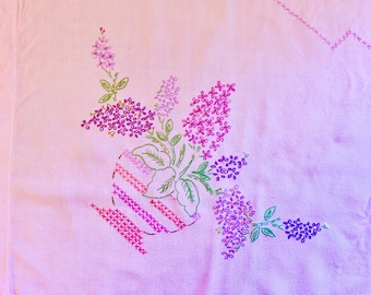 Vintage embroidery, vintage linen, pink fabric, lilacs,  embroidered flowers, slow sewing, cushion cover, pink vintage fabric lilac flowers