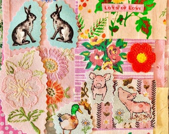 Sewing, stitching, slow sewing, journaling, hand sewing, collage, textile art, vintage embroidery, scrapbooking, fabric snippets, rabbits.