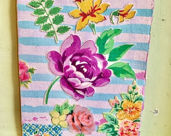 Vintage textile collage, vintage fabric flowers, handmade picture, flower picture, 8 x 6 inches, 20 x 15 cm, letterbox gift, textile art.