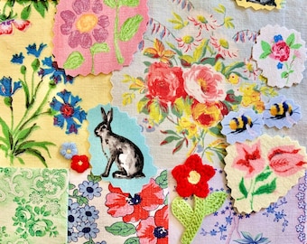 Sewing, stitching, slow sewing, journaling, hand sewing, collage, textile art, vintage embroidery, scrapbooking, fabric snippets, rabbits.