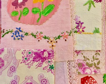 Vintage fabric scraps, sewing, stitching, slow sewing, sewing projects, journaling, hand sewing, preloved fabric, collage, textile art.