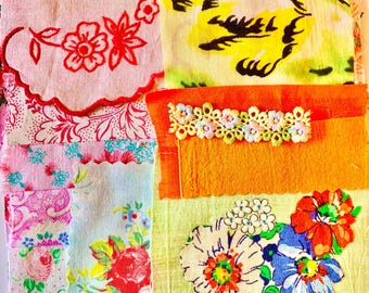 Sewing, stitching, slow sewing, journaling, hand sewing, collage, textile art, vintage embroidery, scrapbooking, fabric snippets, paper.